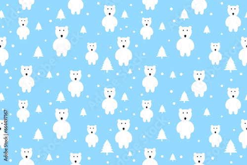 Fototapeta Naklejka Na Ścianę i Meble -  Seamless Cute Polar Bear With Christmas Tree And Falling Snow Pattern Background. Vector Illustration. Winter Backdrop. Christmas Wallpaper