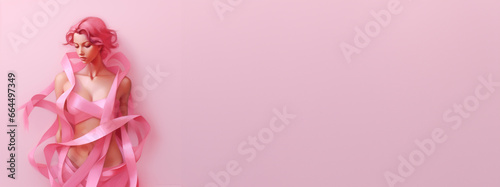 illustration of a pink haired woman wrapped in a pink ribbon cancer awareness ribbon on pink background with copyspace