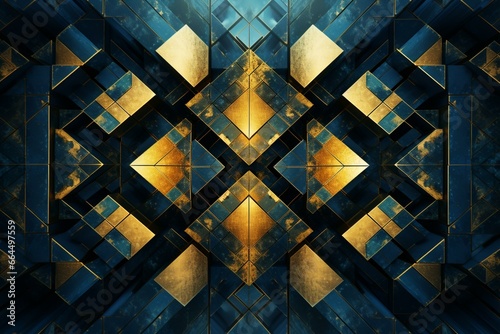 Geometric art piece with dark blue and golden abstract tech design. Generative AI