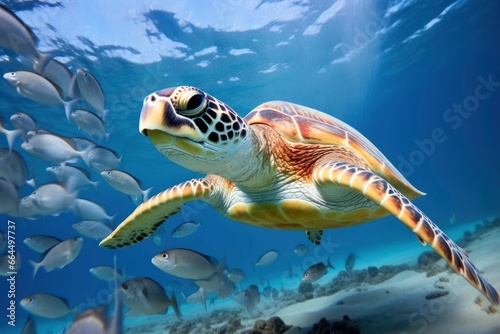 Turtle closeup with school of fish. © MDBaki