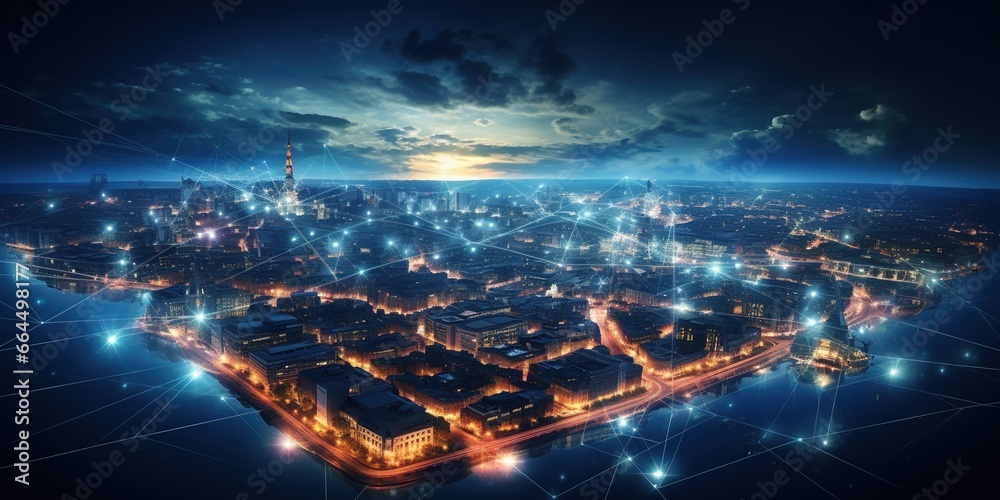 Night on the town from a height. A digital illustration of a city a night with technology connection lines. Communication concept.