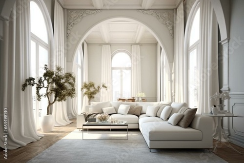 elegant living room with luxurious architecture and a cozy white linen sofa. Generative AI