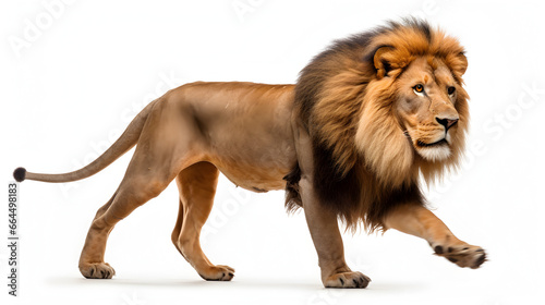 A lion walking past isolated on white 