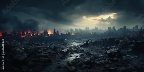 Panoramic view to the destroyed city after the war. Dramatic scene of the Bombed out, burning and fuming city. Human suffering and war. Ruined, deserted city after war with dark clouds photo