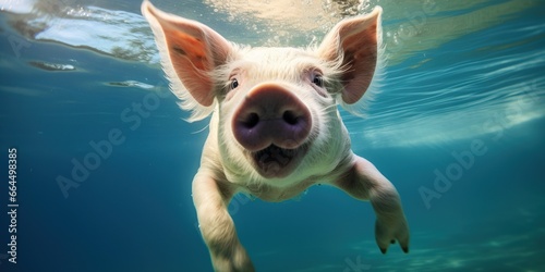 Funny pig swims underwater, concept of Laughter
