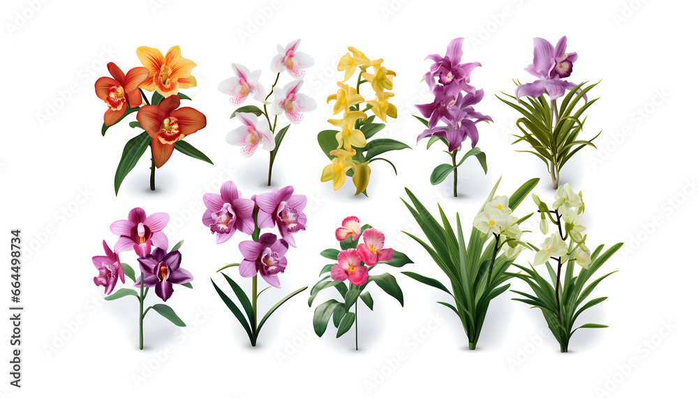Beautiful tropical flowers orchids plant nature elements, set of various types of tropic Cattleya and Vanda orchids flowers and green leaves isolated on white background 