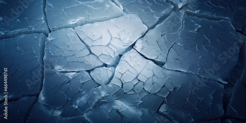 Dramatic, up-close shot of a crack forming in the ice of a frozen lake , concept of Fracture photo