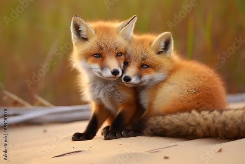 Wild baby red foxes cuddling at the beach. © MDBaki