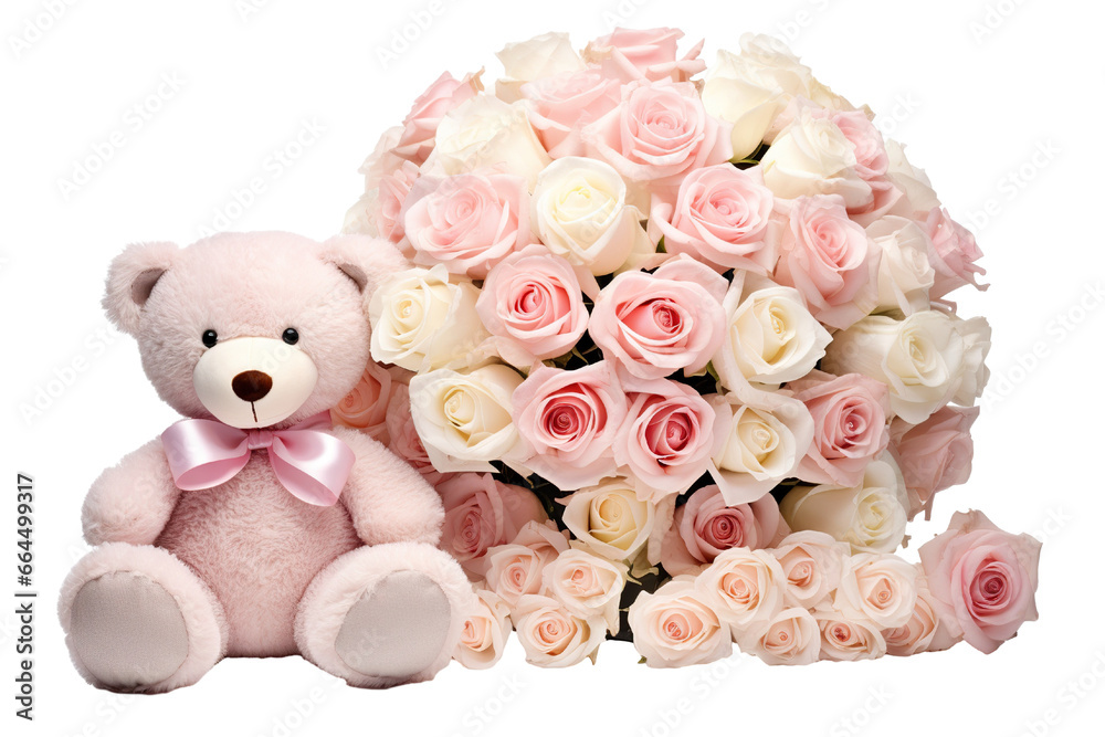 Obraz premium Beautiful roses with cute teddy bear commercial imagery, isolated white background PNG