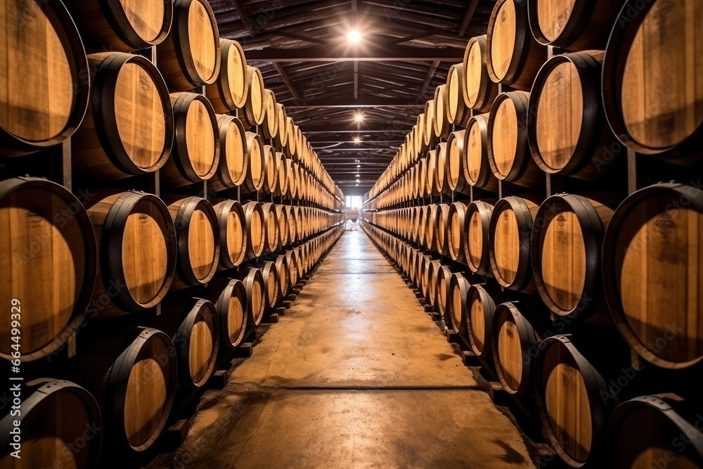 Wooden oak Port barrels in neat rows.