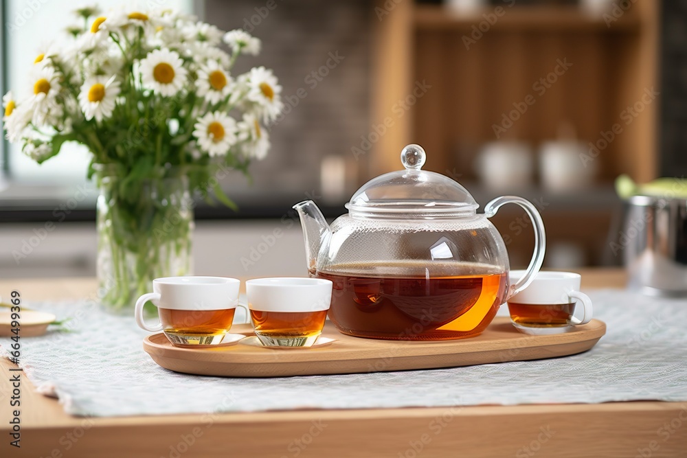 Wooden tray with teapot, cups of natural chamomile tea and flowers on table. Wooden tray with teapot, cups of natural chamomile tea and flowers on table.