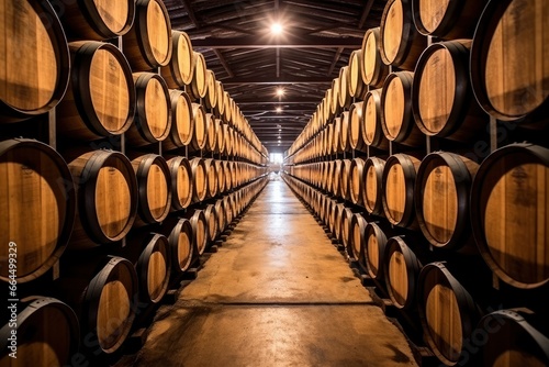 Wooden oak Port barrels in neat rows.