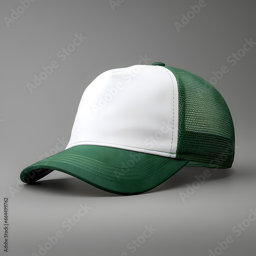 Green and white trucker hat mockup, side view