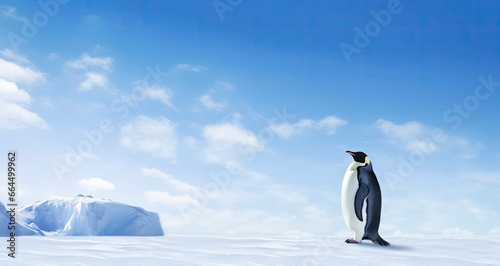 Penguin standing in Antarctica looking into the blue sky.