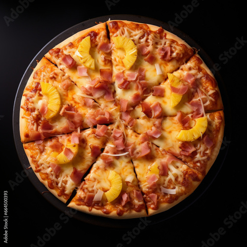 Fondo con detalle y textura de deliciosa pizza hawaiana sobre fondo de color negro photo