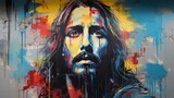 Graffiti on hay Portrait of Jesus Christ. Concept of Christianity and belief in God