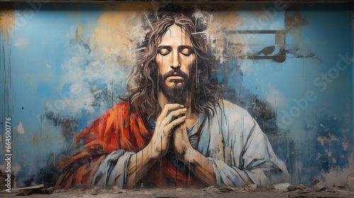 Graffiti on hay Portrait of Jesus Christ. Concept of Christianity and belief in God