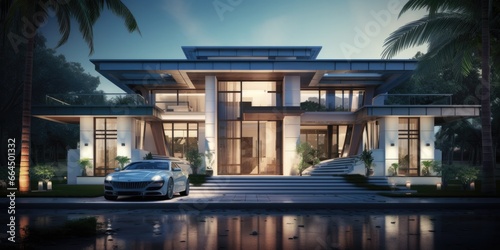 a very modern looking house with a car on the front porch, in the style of light silver and dark emerald, khmer art, ferrania p30, photo