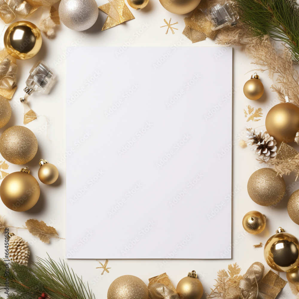 Fondo con detalle de folio de color blanco con decoración de estilo navideño de tonos dorados - obrazy, fototapety, plakaty 