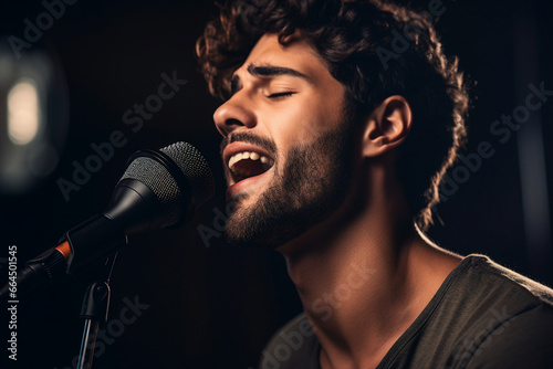 Generative ai technology portrait of talented young singer person on stage singing song using microphone