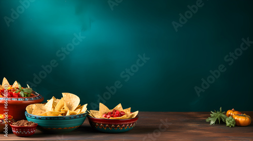 fondos en color turquesa con comida, artesanias y elementos decorativos mexicanos photo