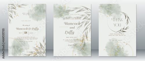 Wedding invitation card template design nature green leaf with gold texture and watercolor background