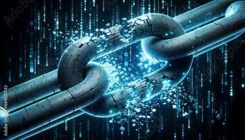 A digital chain breaking. Cybersecurity concept. Zeroes and ones. Cracking a secure system. Hacking technology. Security breach. Pen testing. Weakest link. Data breach. photo