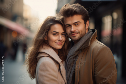 Picture made with generative AI of handsome man and charming girl in love walking together on an evening date