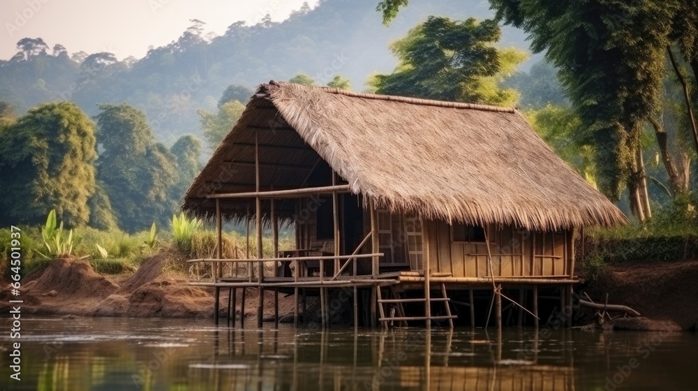 Small bamboo hut homestay design, cute and traditional design. Complete a simple life The background is between a river and mountains. Morning light.