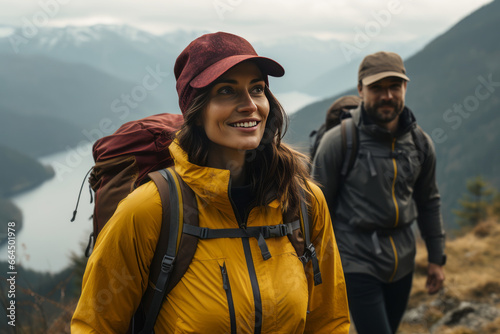 Happy young couple of tourists against the backdrop of stunning mountain landscape. Cheerful hikers in modern bright outfits with backpacks walking along mountain path. Active sports and travel.