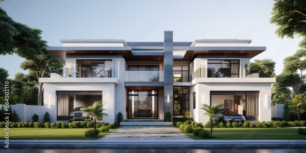 two story house exterior designs the house, in the style of light silver and white, 32k uhd, khmer art, dramatic shading, light emerald and gray, polished craftsmanship