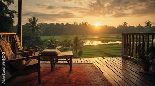 sunrise on deck, overlooking green grassy fields, in the style of cambodian art, rustic charm, studyblr, spectacular backdrops, eclectic design, thai art