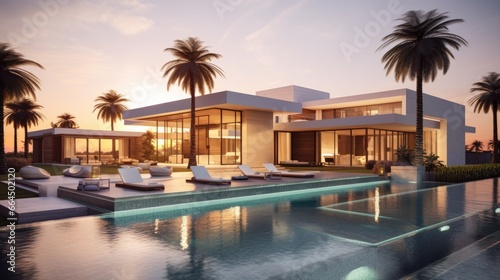 The simple, modern, cube-shaped exterior of the villa looks classy. Stunningly beautiful with a large swimming pool surrounded by palm trees. © panu101