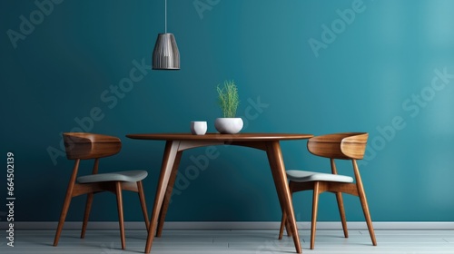 Wooden table and chairs against blue wall. Mid-century style interior design of modern dining room. © panu101