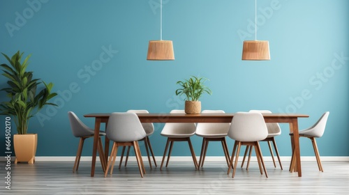 Wooden table and chairs against blue wall. Mid-century style interior design of modern dining room.