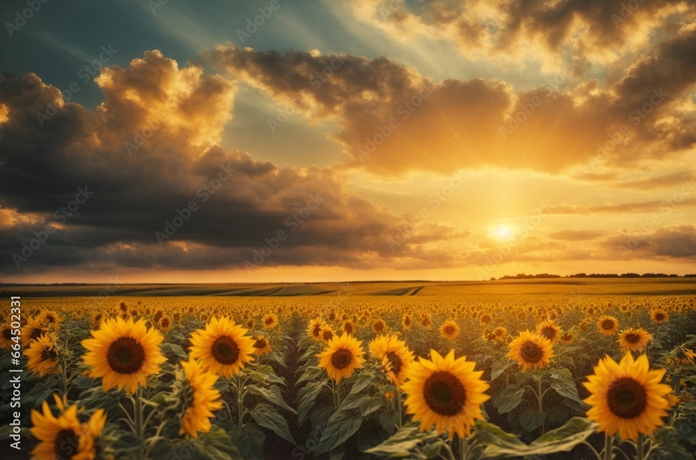 Sunset over sunflower field. Beautiful summer landscape with sunflowers.