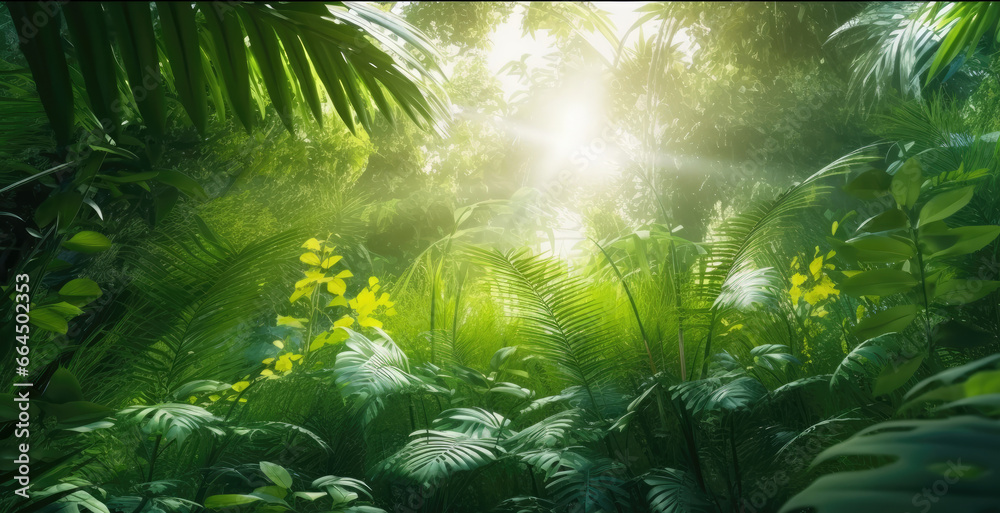Illustration of tropical fern bushes background lush green foliage in the rain forest with nature plant tree.