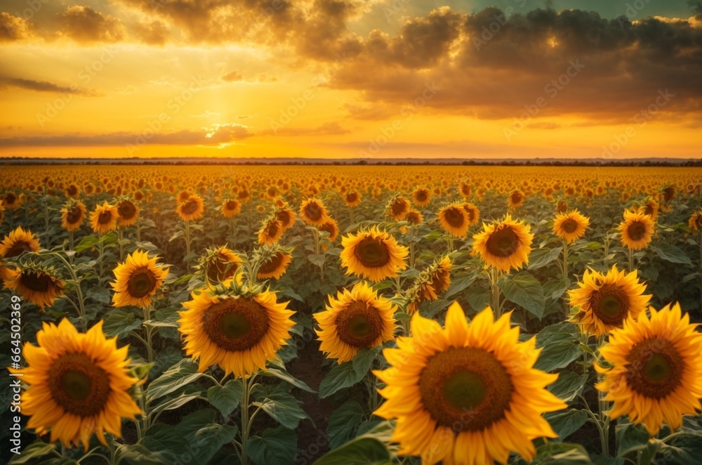 Fototapeta premium Sunset over sunflower field. Beautiful summer landscape with sunflowers.