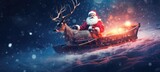 Illustration of Santa Claus get a move to ride on their reindeer sleigh flying over Christmas fairy forest.
