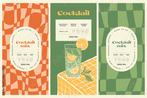 Vector hand drawn cocktail packaging label design template set for cafe or restaurant. Vector beverage package badges set