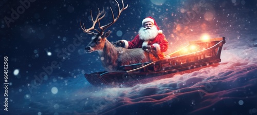 Illustration of Santa Claus get a move to ride on their reindeer sleigh flying over Christmas fairy forest. photo