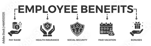 Employee benefits banner web icon vector illustration concept with icon of pay raise, health insurance, social security, paid vacation and bonuses