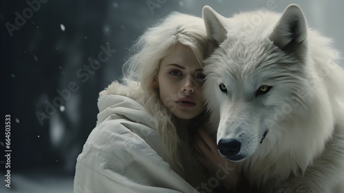 A Woman and a White Wolf Share a Hug in a Forest Covered with Snow. A Woman and a Wolf in a Winter Wonderland. A Woman Hugs a White Wolf in a Snowy Forest. Generative AI