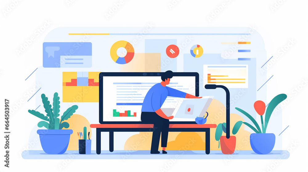 Illustration of a person setting up their business profile on a computer at a desk. appear focused and determined Illustration of a person setting up their business profile on a computer at a desk. appear focused and determined