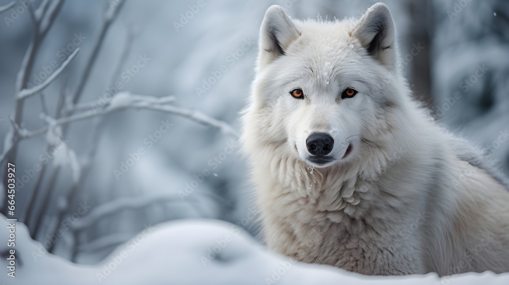 A Snowy Portrait of a White Wolf Looking at the Camera. A Photo of a White Wolf in a Winter Landscape. A Photo of a White Wolf in a Snowy Forest. Generative AI