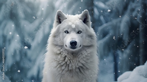 A Photo of a White Wolf with Blue Eyes in a Snowy Forest. A Snowy Portrait of a White Wolf Looking at the Camera. A Photo of a White Wolf in a Winter Landscape. Generative AI © A.M