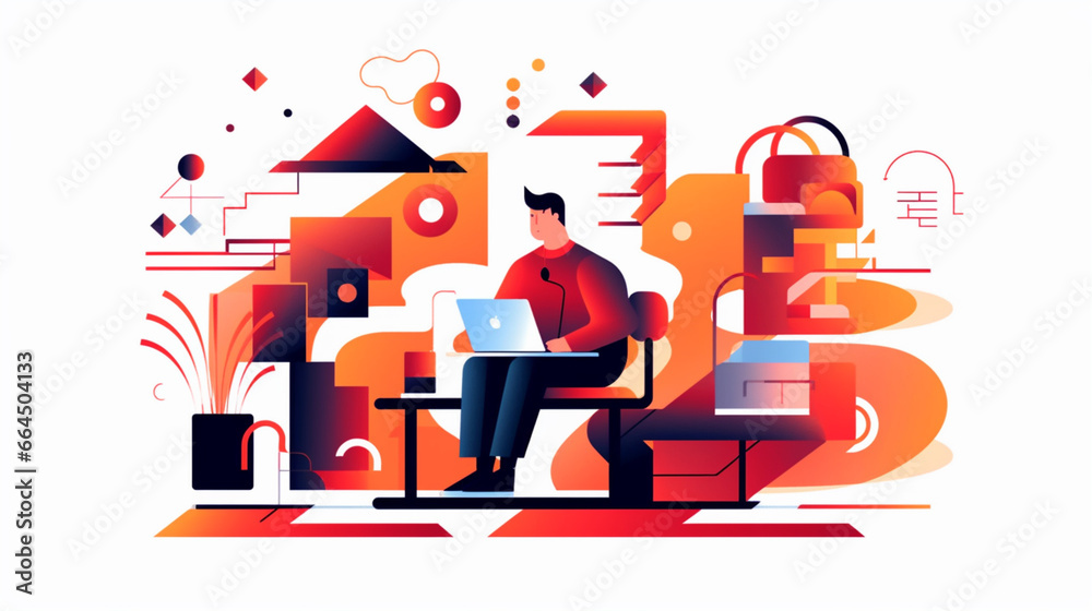 Illustration of a person setting up their business profile on a computer at a desk. appear focused and determined Illustration of a person setting up their business profile on a computer at a desk. appear focused and determined