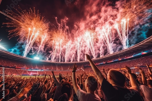 A live event such as a concert or halftime show. Fireworks above the stadium at halftime or at a concert. Big crowd of people watching fireworks.