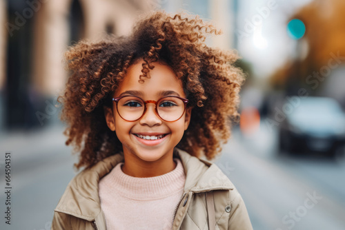 Cheerful portrait of young african american woman with glasses in the city. Young student in the city. Happy young woman living in the city.