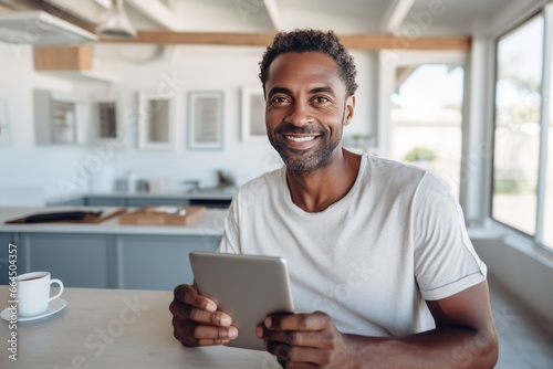Portrait of cheerful African American businessman in casual clothes with smartphone and cup of coffee. Happy smiling mature man, successful entrepreneur or employee working in office or coworking cafe photo